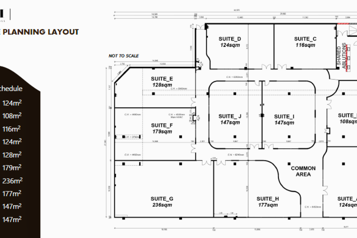 A detailed space planning layout for an office floor, showing various suites, a common area, and shared ablution facilities.