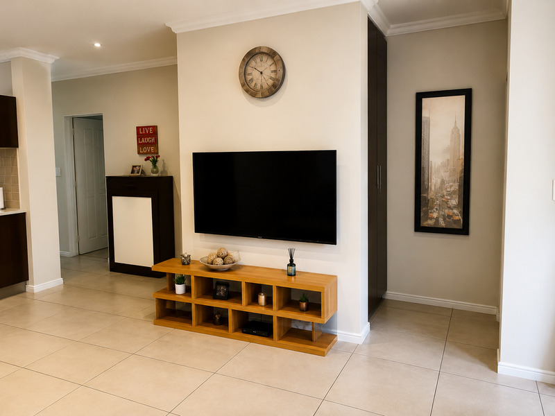 Open plan living area featuring neutral tiled flooring, recessed lighting, and a central partition wall with integrated cabinetry and kitchen access.