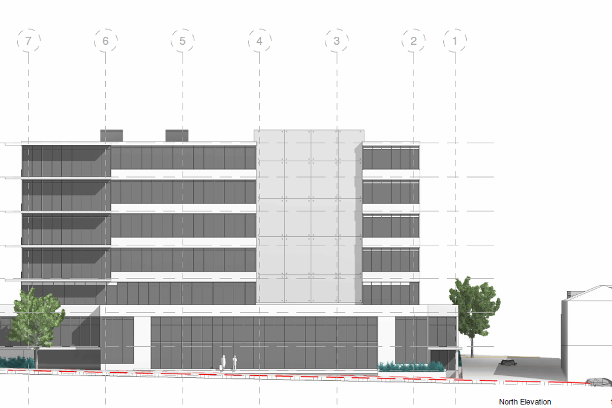 Architectural north elevation drawing showing the proposed office building facade design and structural grid layout.