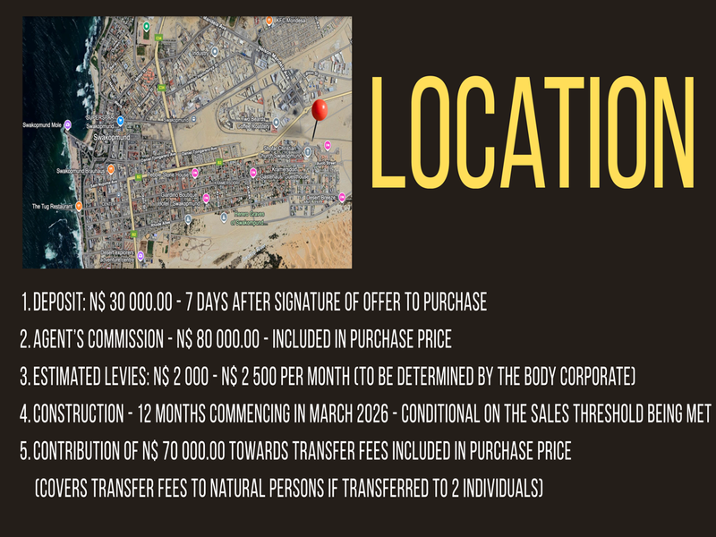 A promotional graphic displaying the property location on a map and listing key purchase terms and conditions.