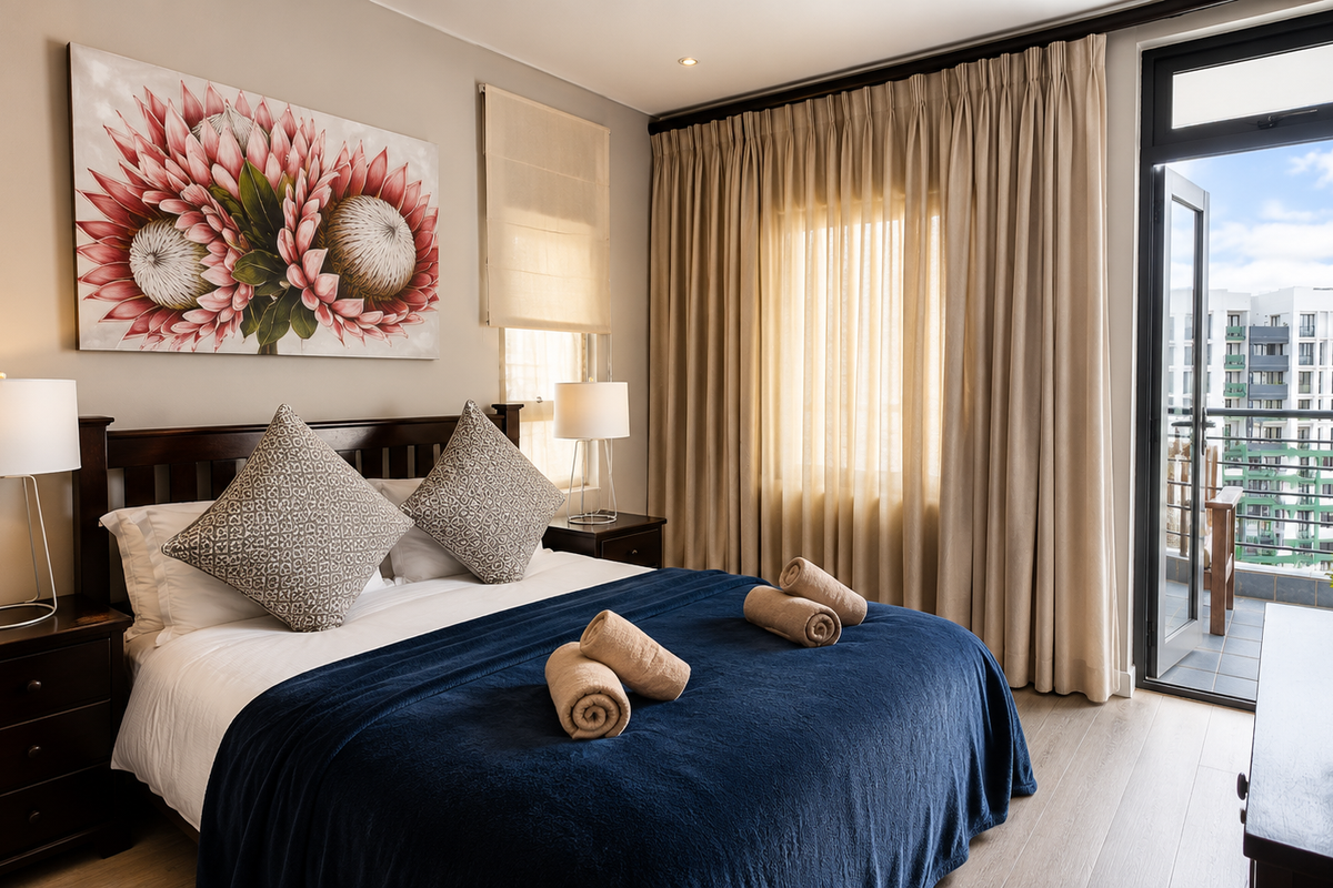 A well-maintained bedroom featuring laminate flooring, recessed lighting, and direct access to a private balcony through a glass-paneled door.