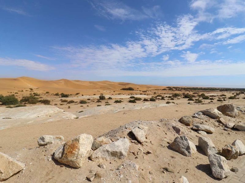 A wide-angle view of a natural desert landscape featuring sand dunes, rocky terrain, and sparse native vegetation under a clear blue sky.