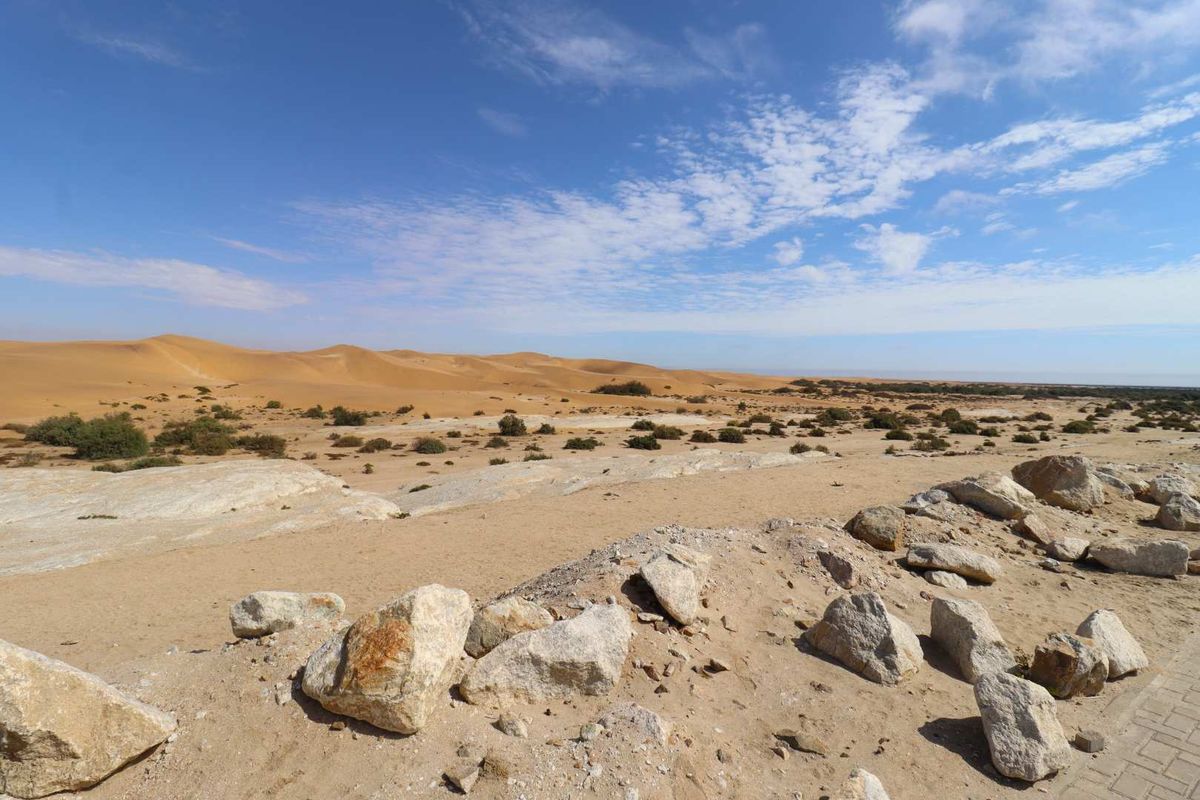 A wide-angle view of a natural desert landscape featuring sand dunes, rocky terrain, and sparse native vegetation under a clear blue sky.