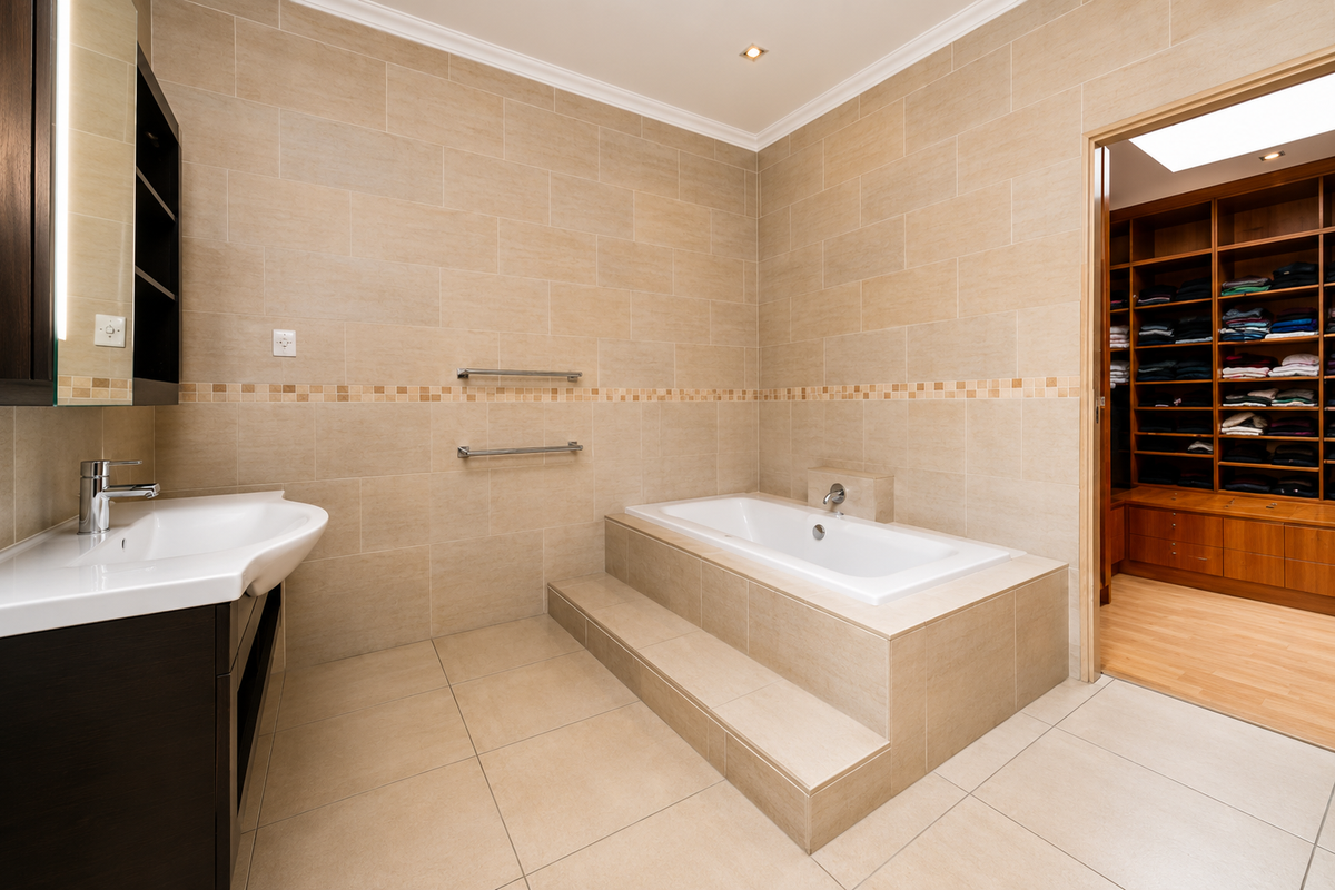 A spacious, well-maintained bathroom featuring a built-in bathtub, modern vanity, and neutral tiling, with direct access to a large walk-in closet.
