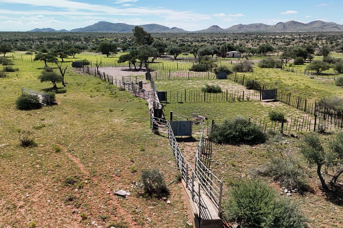Aerial view of farm infrastructure featuring livestock handling pens, metal fencing, and a loading ramp set within a large rural landscape.