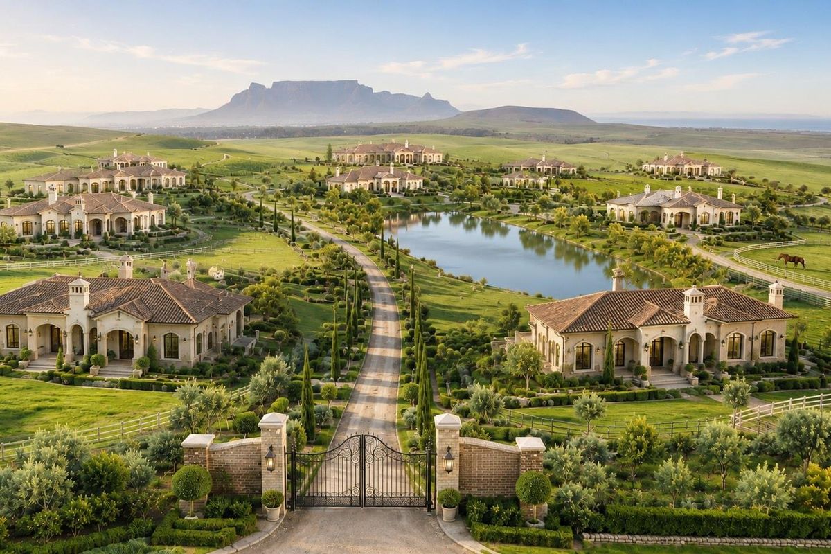 An expansive aerial view of a luxury small holding estate featuring multiple residences, a central lake, manicured gardens, and a secure gated entrance.