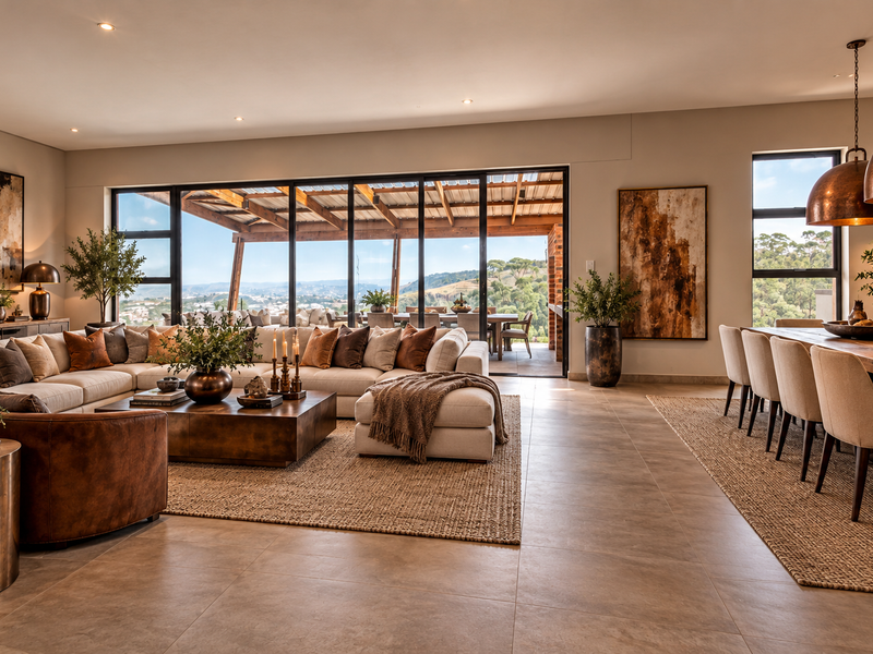 Spacious open-plan living and dining area featuring large sliding glass doors that open to a covered patio with scenic views.
