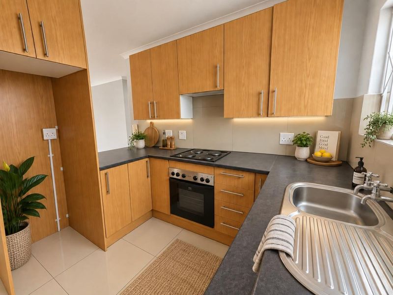 A well-maintained kitchen featuring light wood cabinetry, dark laminate countertops, integrated electric hob and oven, and modern tiled flooring.