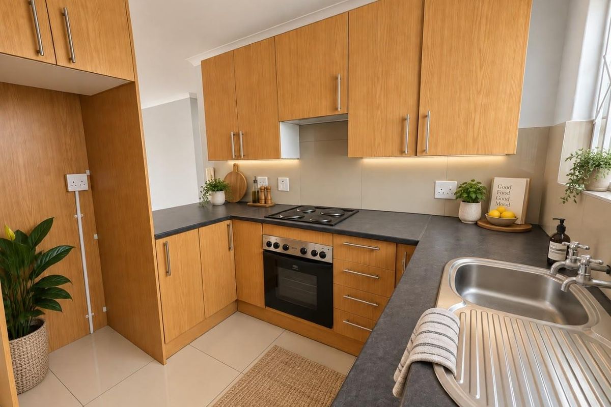 A well-maintained kitchen featuring light wood cabinetry, dark laminate countertops, integrated electric hob and oven, and modern tiled flooring.