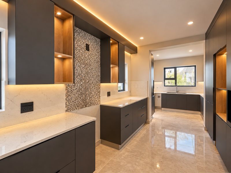 Modern kitchen featuring dark cabinetry, quartz countertops, stone tile flooring, and integrated LED lighting, offering a sleek and contemporary culinary space.