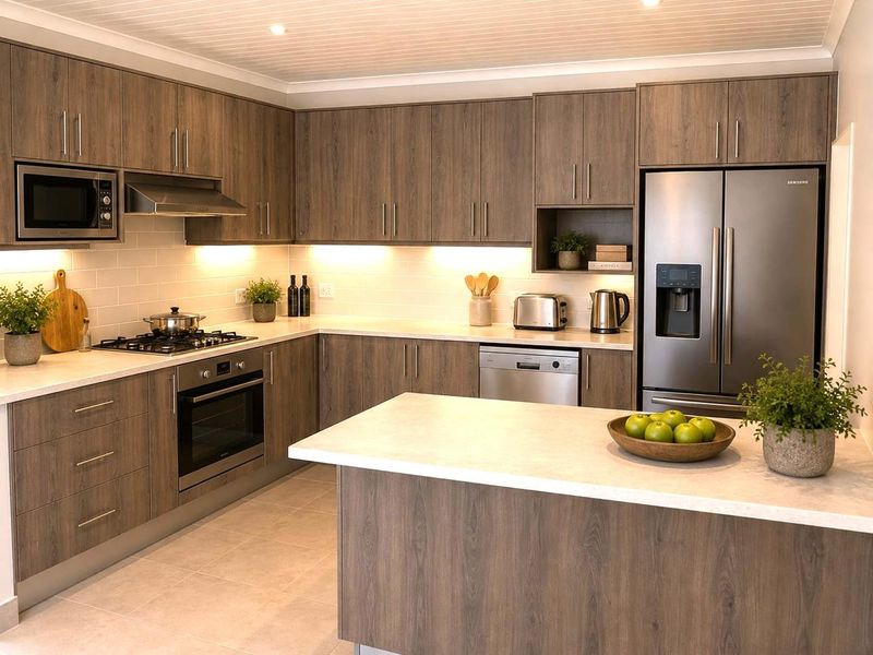 Modern kitchen featuring wood-grain cabinetry, stone countertops, subway tile backsplash, and high-quality built-in appliances, including a gas cooktop and integrated dishwasher.