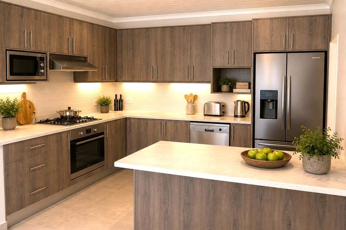 Modern kitchen featuring wood-grain cabinetry, stone countertops, subway tile backsplash, and high-quality built-in appliances, including a gas cooktop and integrated dishwasher.