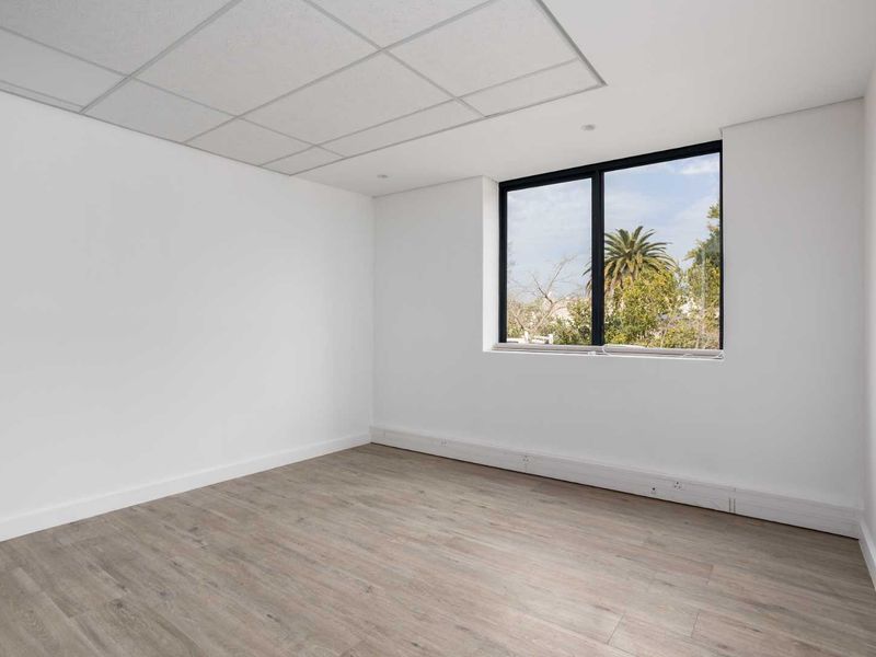 A bright, empty office space featuring modern laminate flooring, a suspended ceiling, and a large window with natural light.
