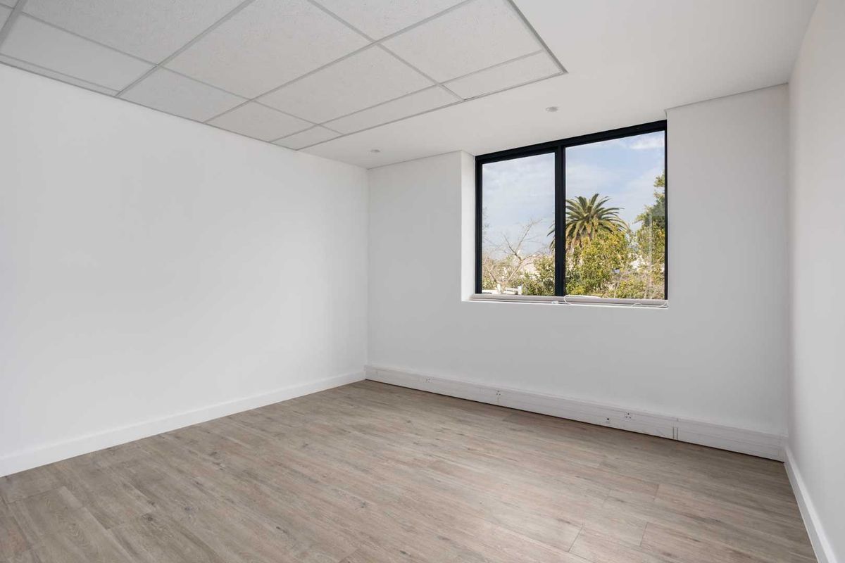 A bright, empty office space featuring modern laminate flooring, a suspended ceiling, and a large window with natural light.