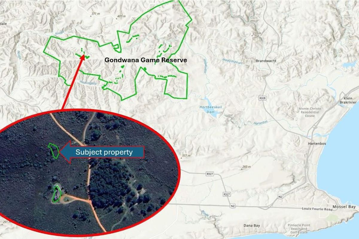 An aerial map view showing the location of the subject property within the Gondwana Game Reserve area.