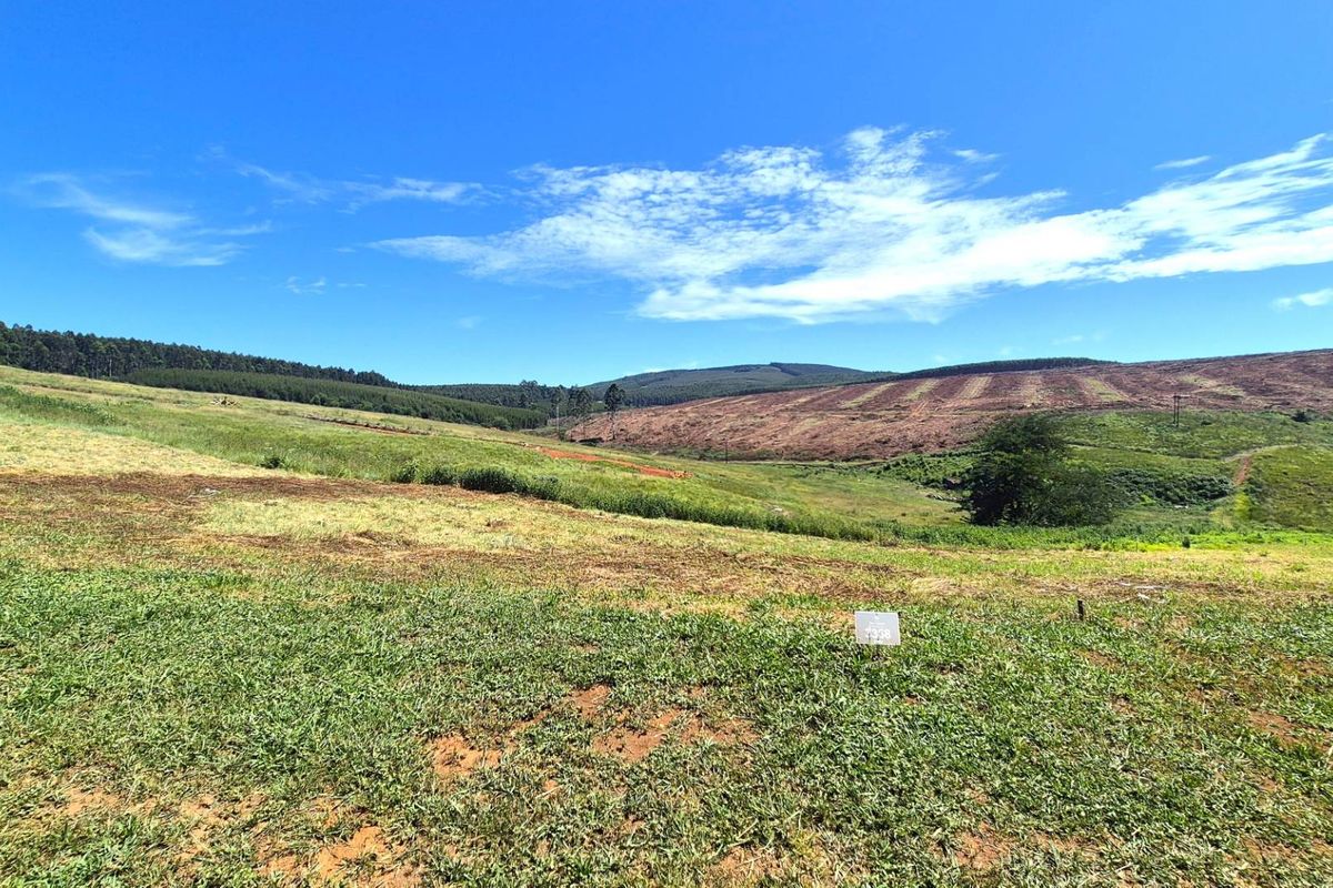 A wide-angle view of a sloped, grassy vacant residential plot with distant hills and forest landscape under a clear blue sky.