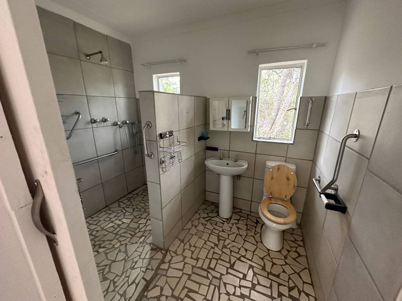 Functional bathroom featuring a walk-in shower, pedestal basin, toilet, and safety grab rails, finished with neutral wall tiles and patterned floor tiling.