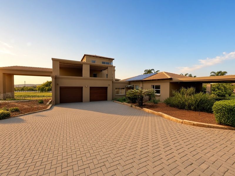 Front exterior view of a modern house featuring a paved driveway, double garage, and solar panels on a tiled roof.