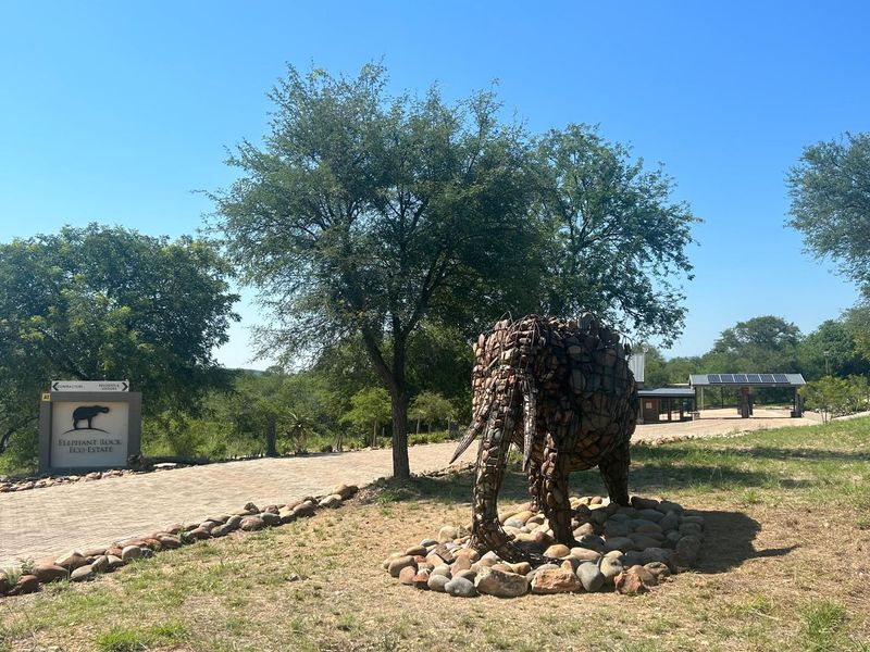 Entrance view of Elephant Rock Eco Estate featuring paved driveway, estate signage, and solar infrastructure.