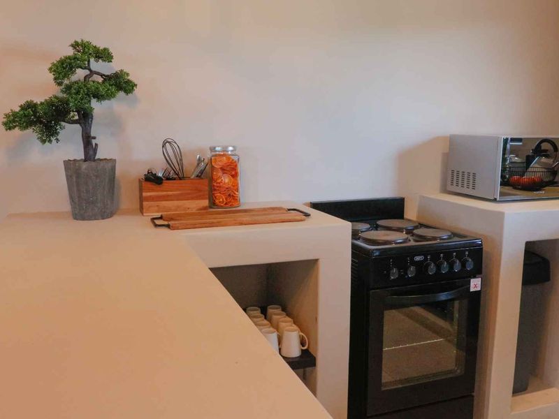 A compact kitchen area featuring built-in concrete countertops and shelving with a freestanding electric stove and dedicated microwave space.
