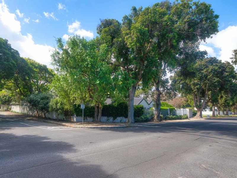 A street-level view of the property corner, featuring mature trees and a perimeter wall along the road frontage.