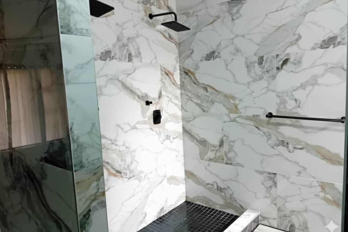 Modern walk-in shower featuring high-end marble-look wall tiling, mosaic floor tiles, and contemporary black matte shower fixtures.