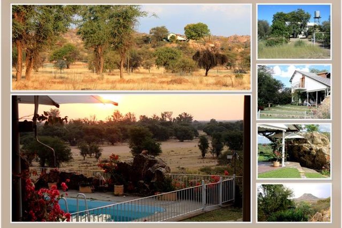 A collage of exterior views showcasing the property grounds, including a swimming pool, patio area, and surrounding landscape.