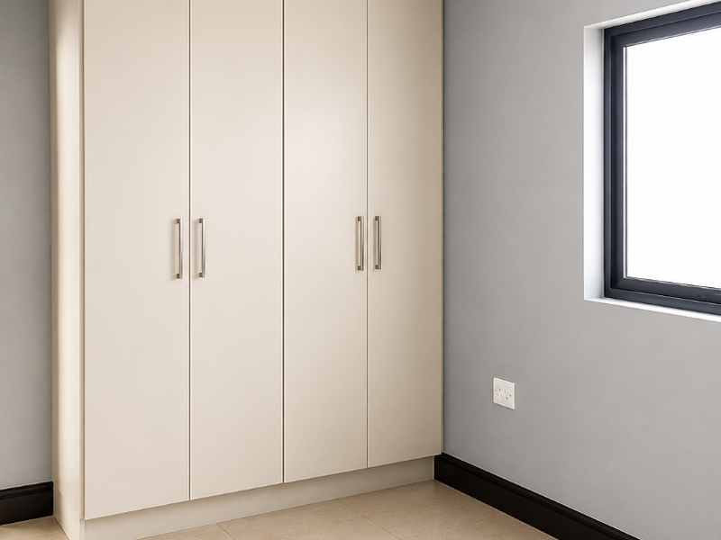 A clean, empty bedroom featuring neutral tiled flooring, grey walls, and a large, modern built-in wardrobe with sleek handles.