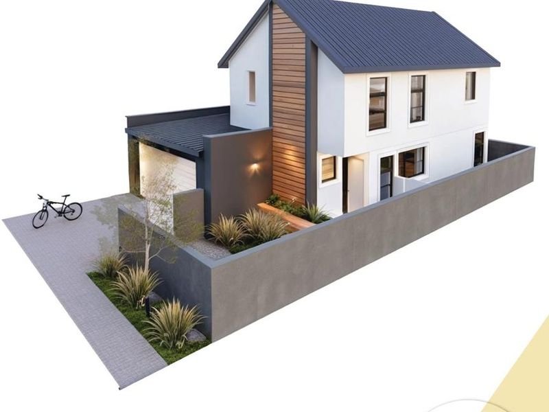 A 3D architectural render of a modern two-story townhouse featuring a pitched roof, timber cladding accents, and a private perimeter wall.