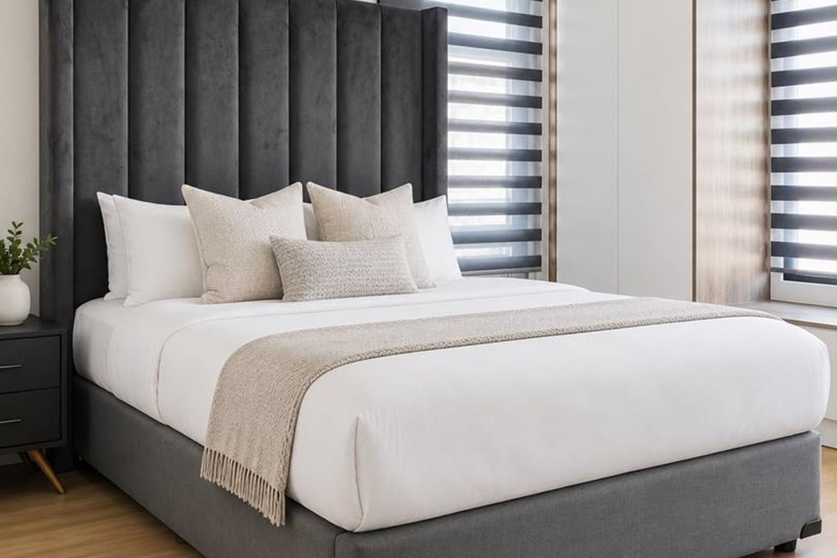 A modern bedroom featuring light wood-look flooring, built-in cabinetry with wood-tone accents, and contemporary dual-layer roller blinds.
