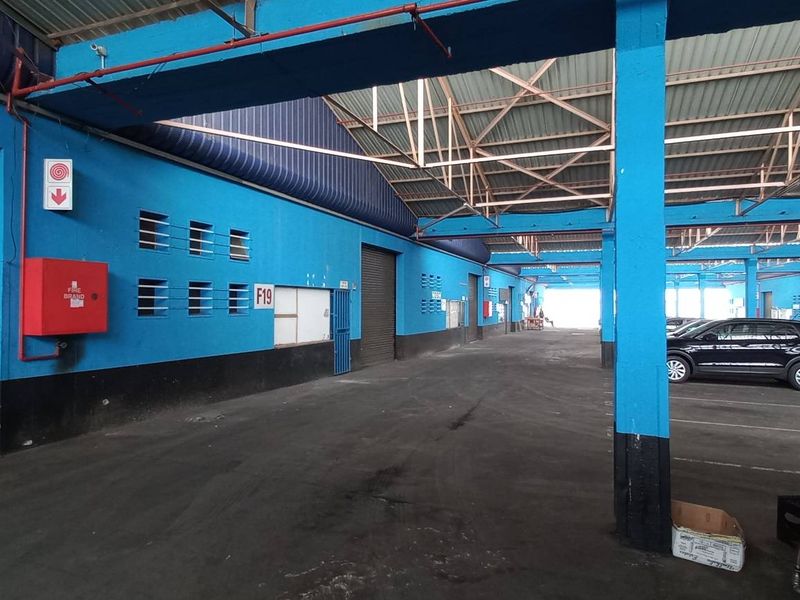 Spacious industrial utility area featuring high ceilings with exposed steel trusses, concrete flooring, and multiple roller shutter doors for efficient access.