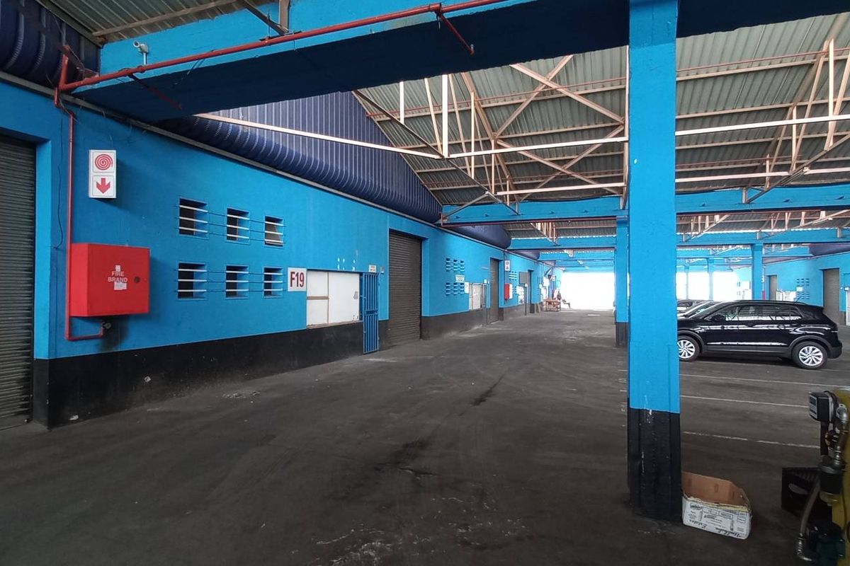 Spacious industrial utility area featuring high ceilings with exposed steel trusses, concrete flooring, and multiple roller shutter doors for efficient access.