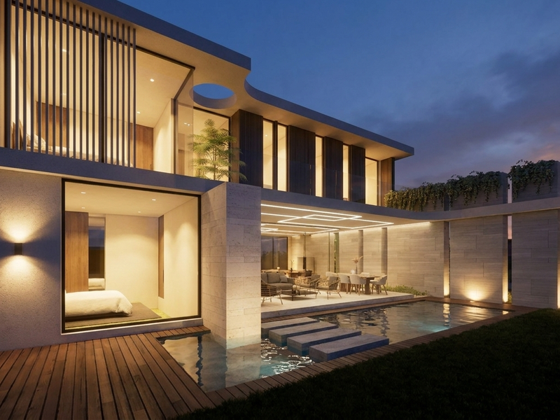 Modern luxury residence featuring a swimming pool, timber decking, and expansive glass sliding doors, creating a seamless indoor-outdoor living experience at dusk.