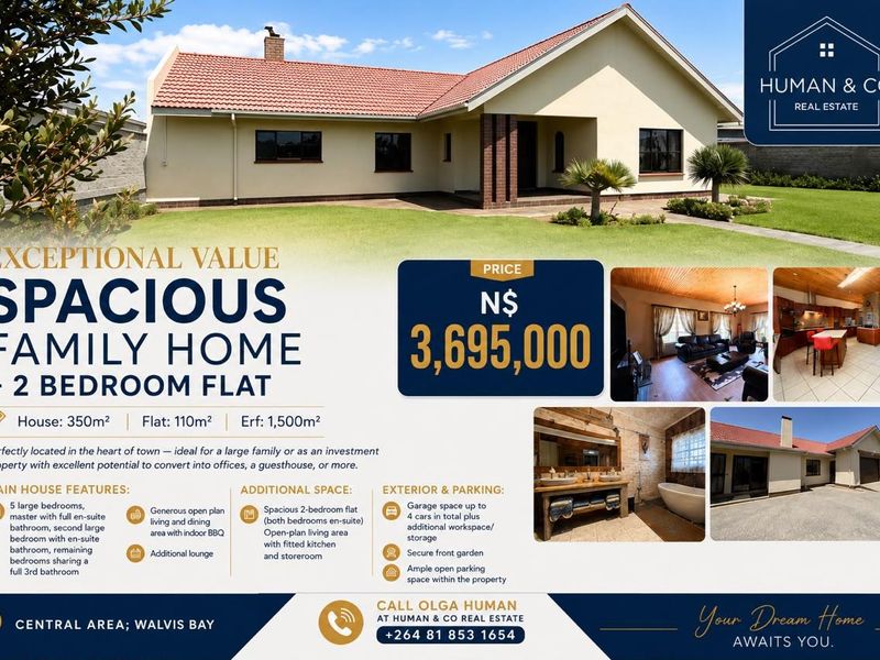 A real estate marketing flyer featuring the front elevation of a spacious family home with a large garden and paved driveway.