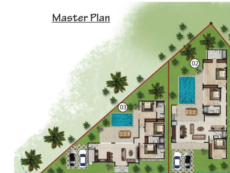 A master site plan showing the layout of two residential units, including private pools, parking areas, and garden spaces.
