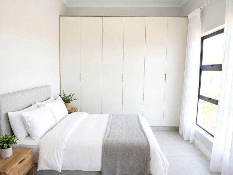 A bright and modern bedroom featuring floor-to-ceiling built-in cupboards, neutral tiled flooring, and large windows allowing for ample natural light.
