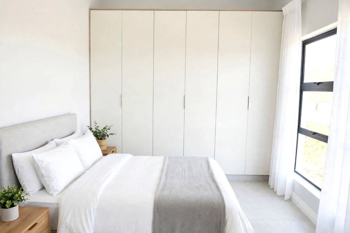 A bright and modern bedroom featuring floor-to-ceiling built-in cupboards, neutral tiled flooring, and large windows allowing for ample natural light.