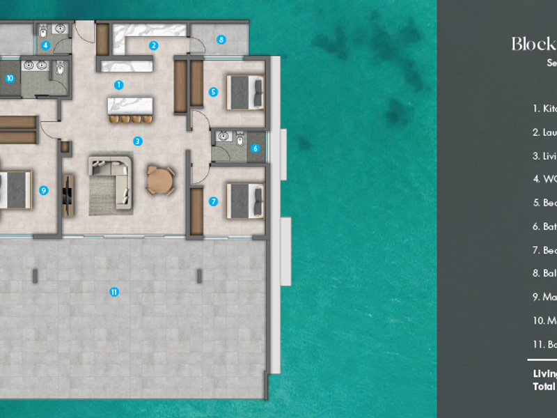 A detailed architectural floor plan for a three-bedroom penthouse, outlining the layout of living areas, bedrooms, bathrooms, and expansive balcony space.