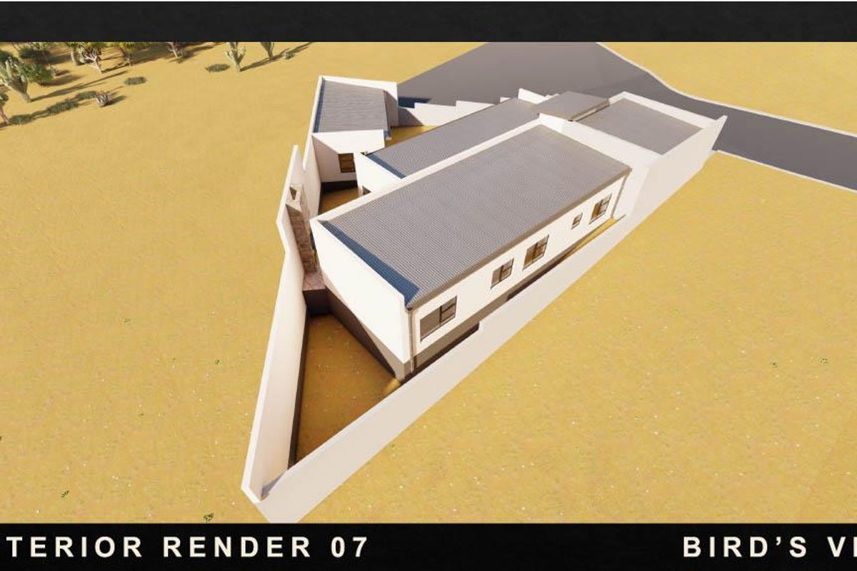 An aerial 3D architectural render showing the property layout, roof structure, and surrounding boundary walls.