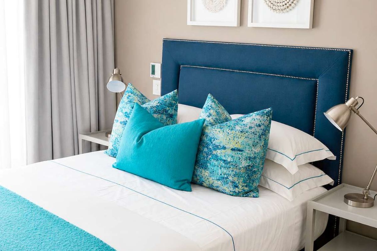 A well-maintained bedroom featuring neutral wall tones, floor-to-ceiling curtains, and integrated electrical fixtures.