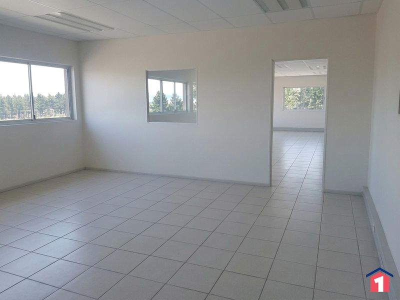 A bright, empty office space featuring tiled flooring, a suspended ceiling with recessed lighting, and large windows providing natural light.