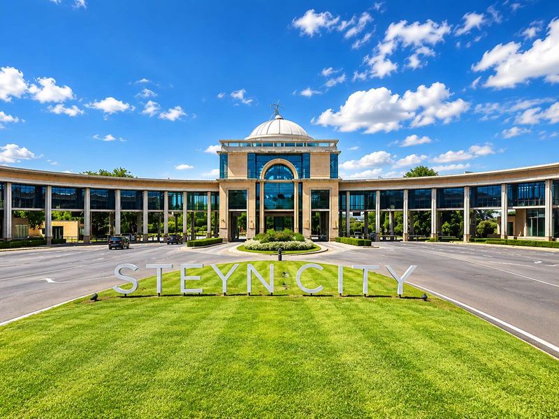 The grand entrance to Steyn City featuring a manicured lawn, paved driveway, and an impressive architectural facade with a central dome.