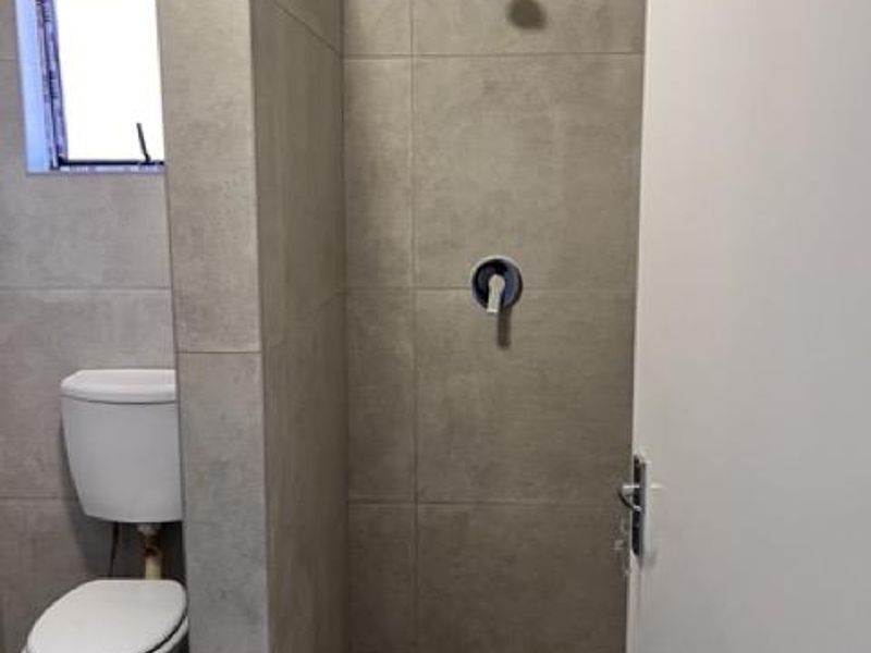 A modern bathroom featuring a walk-in shower with grey wall tiles and a mosaic tiled floor, alongside a standard toilet.