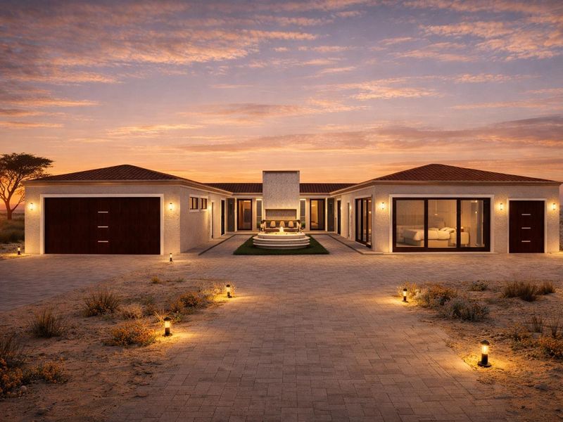 A modern U-shaped residence featuring a paved driveway, integrated garage, central water feature, and expansive glass doors under a sunset sky.