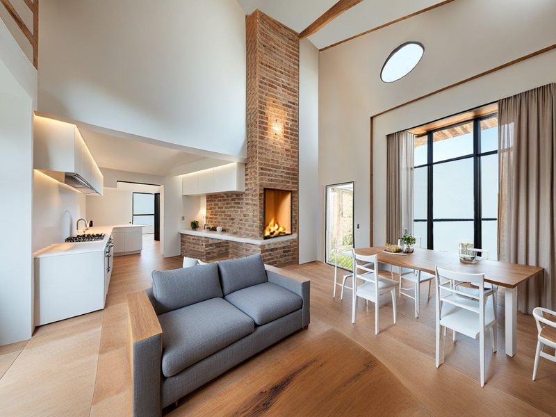 Spacious open-plan living and dining area featuring a striking double-height exposed brick fireplace, modern kitchen, and large windows providing abundant natural light.