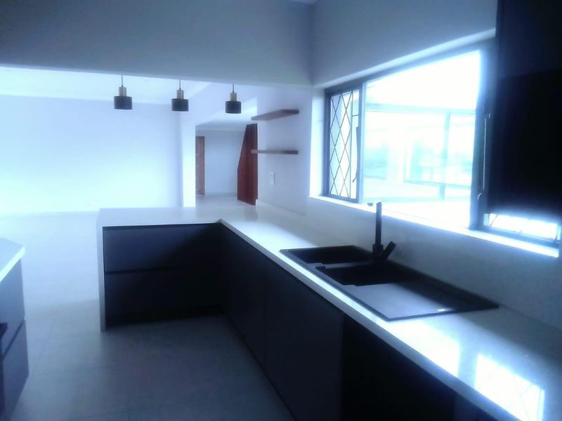 A modern, minimalist kitchen featuring dark cabinetry, white quartz countertops, a double basin sink, and stylish pendant lighting in an open-plan layout.