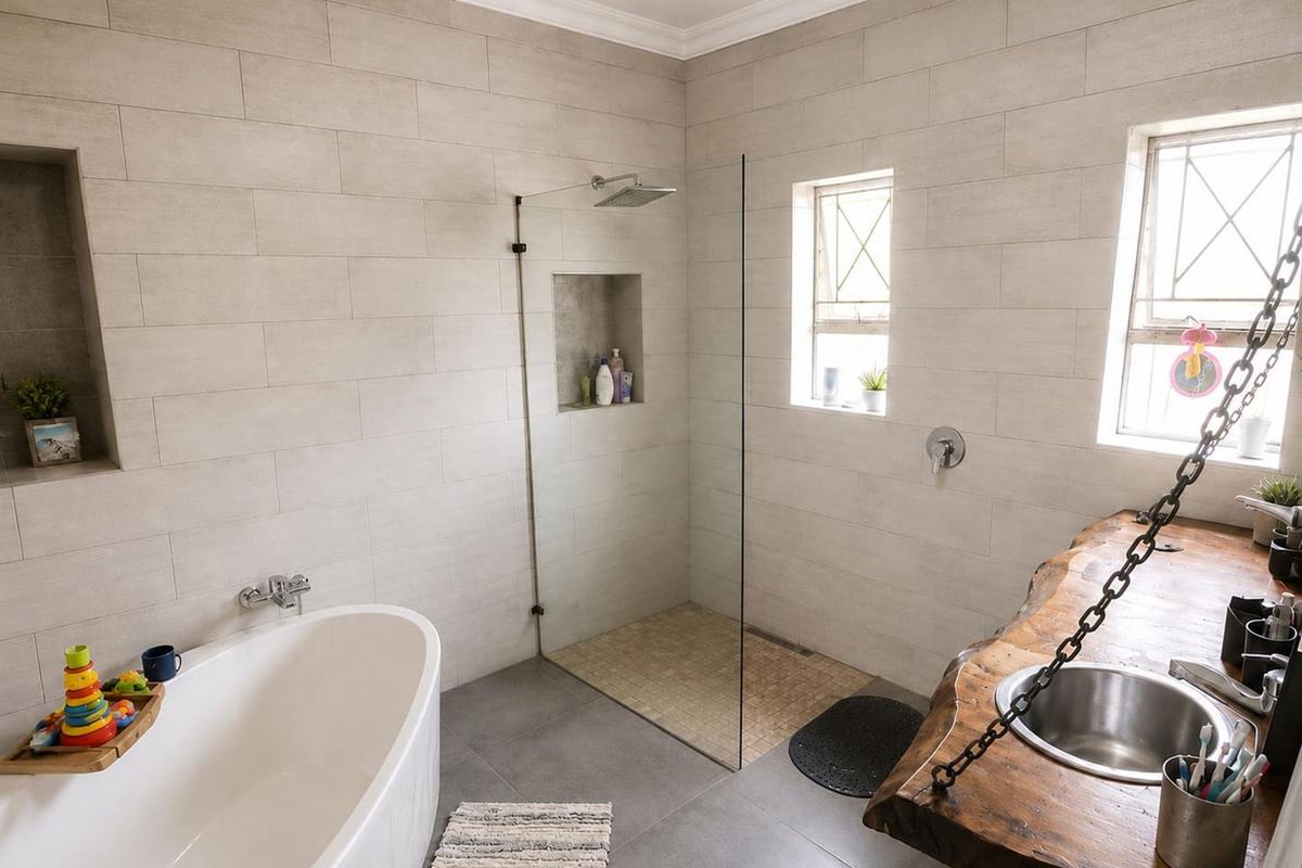 Modern bathroom featuring a freestanding bathtub, walk-in shower with glass screen, and a unique live edge wood vanity with an undermount sink.