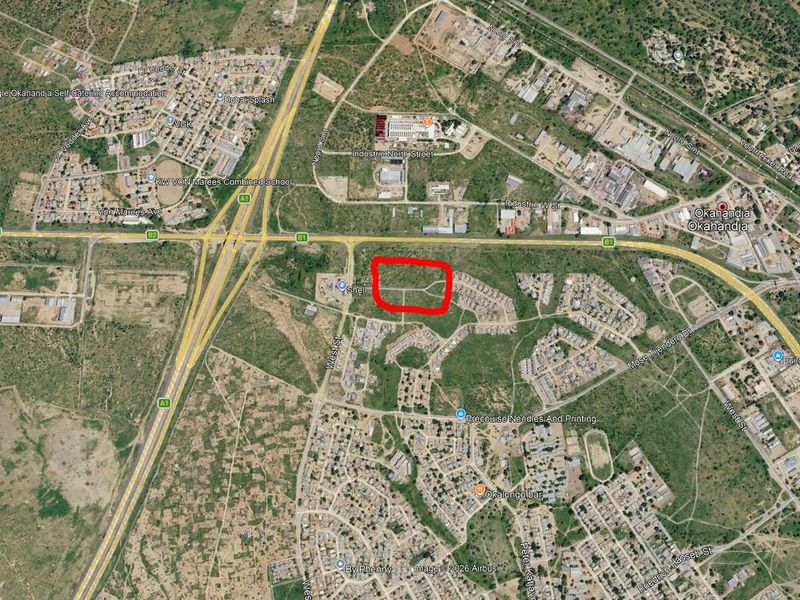 An aerial view showing the location of the industrial land parcel within the surrounding Okahandja area.