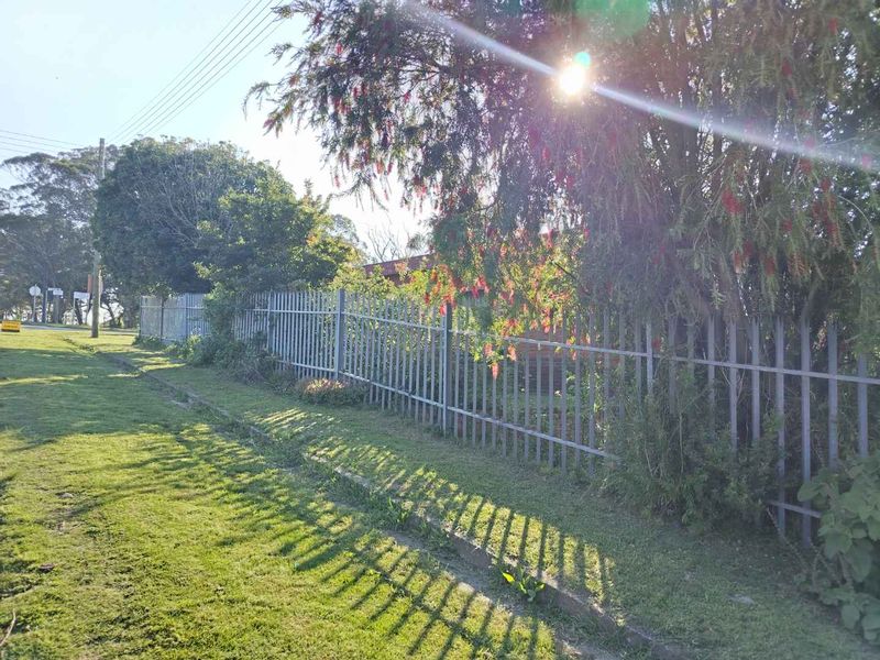 A street-level view showing the property boundary with metal palisade fencing and a grass verge.