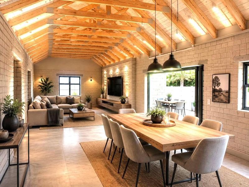 Spacious open-plan living and dining area featuring high exposed timber trusses, textured brick walls, and seamless indoor-outdoor flow through large stacking glass doors.